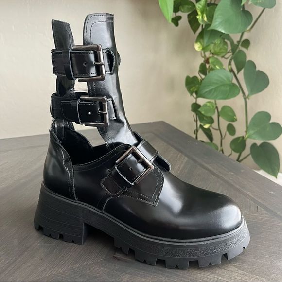 STEVE MADDEN Okara Buckle Cutout Platform Boot in Black Leather Size 7 NWOT - Picture 2 of 15